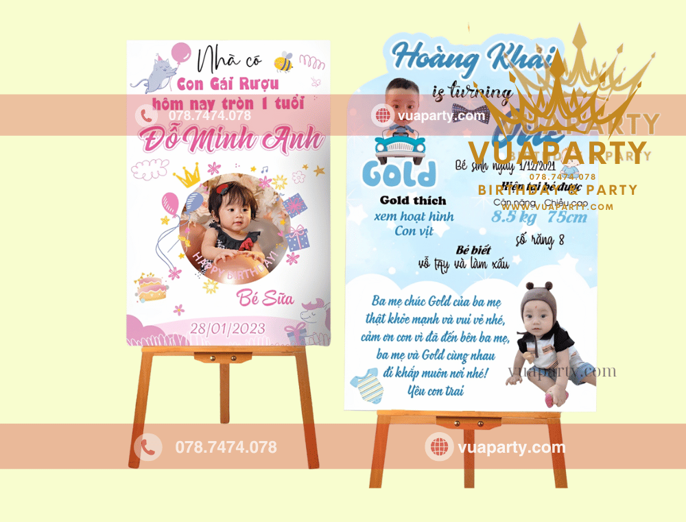 Bảng Welcome đón khách , có thông tin bé thiết kế tại Vua Party