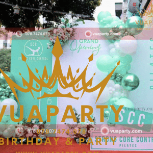 Vua Party cung cấp Trang trí khai trương phòng tập Yoga Quận 12 tone xanh min sang trọng