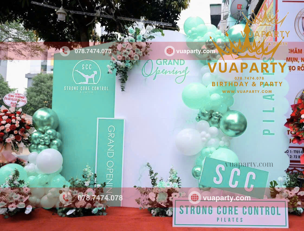 Vua Party cung cấp Trang trí khai trương phòng tập Yoga Quận 12 tone xanh min sang trọng