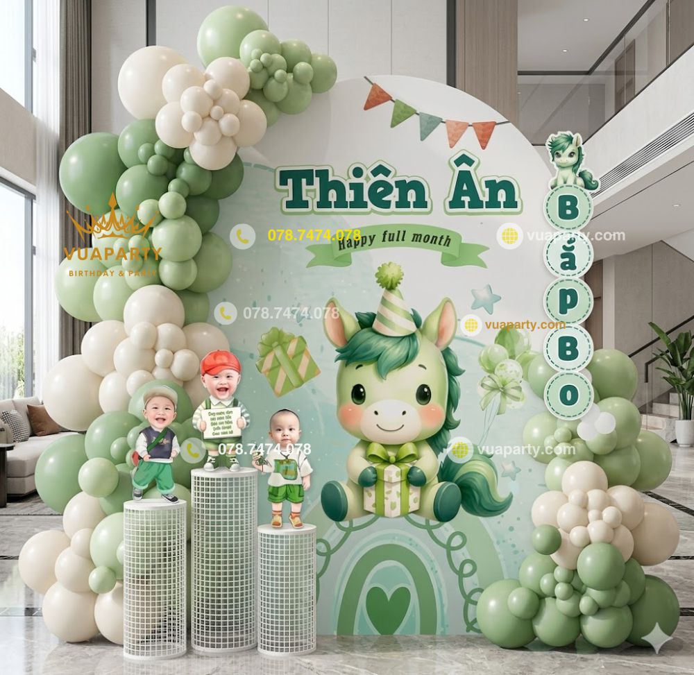 7 MẪU TRANG TRÍ ĐẦY THÁNG BÉ TUỔI NGỌ MỚI NHẤT HIỆN NAY Mẫu trang trí đầy tháng bé trai tuổi ngọ tone xanh lá