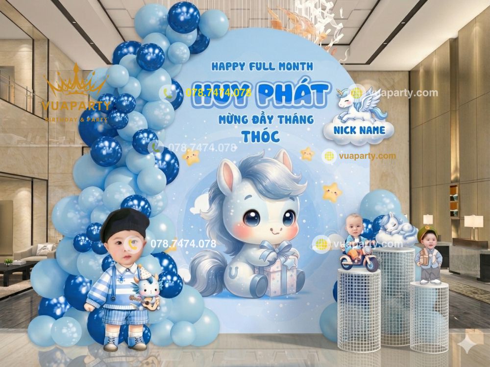 7 MẪU TRANG TRÍ ĐẦY THÁNG BÉ TUỔI NGỌ MỚI NHẤT HIỆN NAY Mẫu trang trí happy full month tone xanh dương
