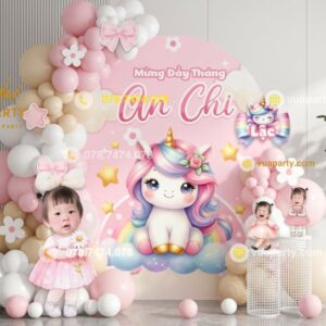 Mẫu Trang Trí Mừng Đầy Tháng Bé Tuổi Ngọ Chủ Đề Pony Hồng Pastel Dễ Thương