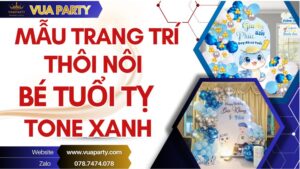 Mẫu trang trí thôi nôi bé tuổi Tỵ tone xanh