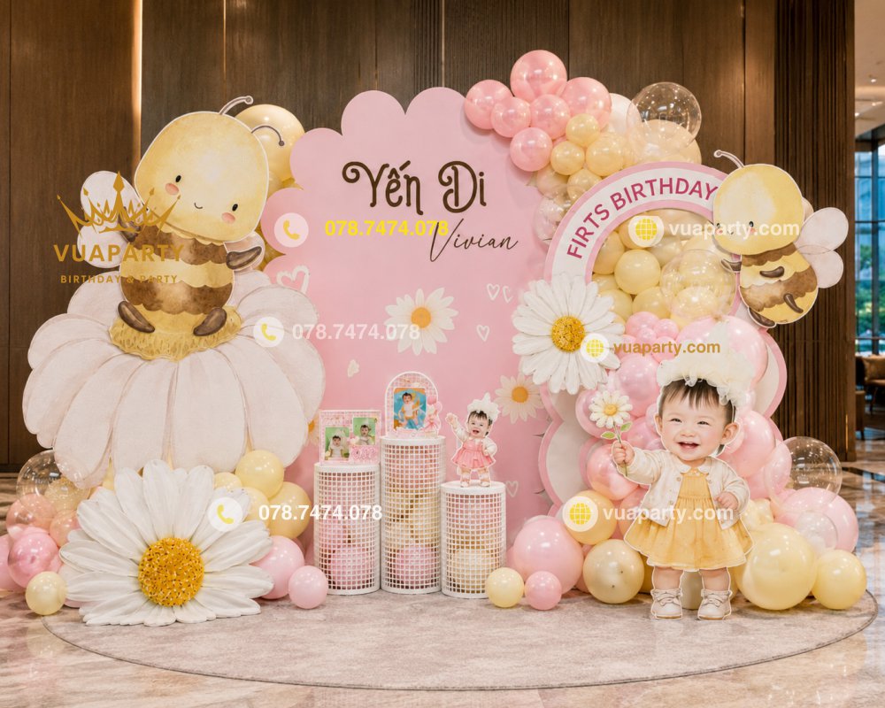 Backdrop thôi nôi bé gái chủ đề hoa lá thiên nhiên