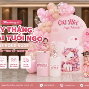Mẫu trang trí đầy tháng bé gái tuổi ngọ tone hồng nude