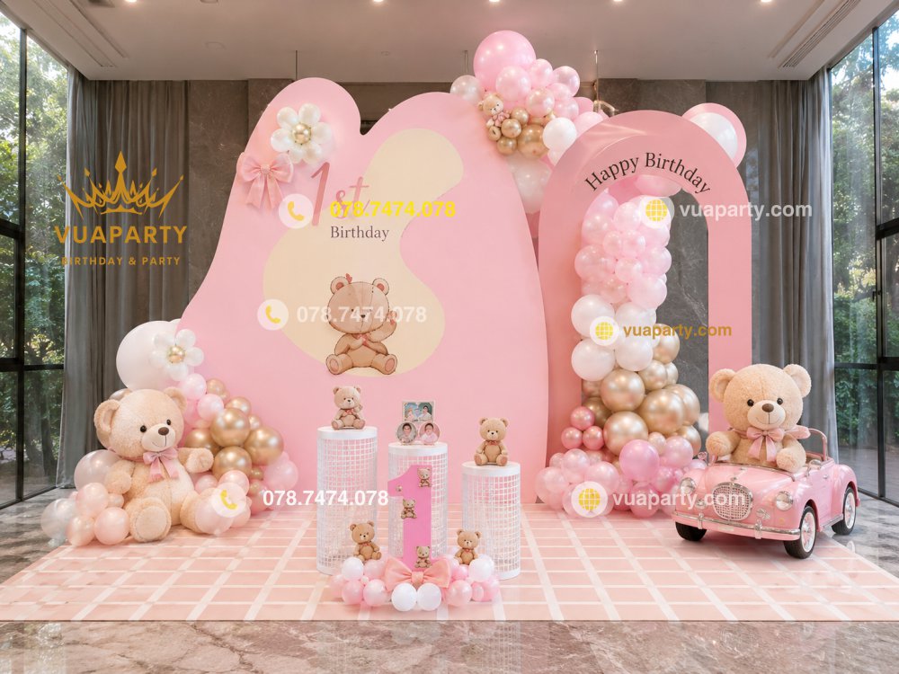 Backdrop trang trí thôi nôi bé gái mẫu gấu Teddy