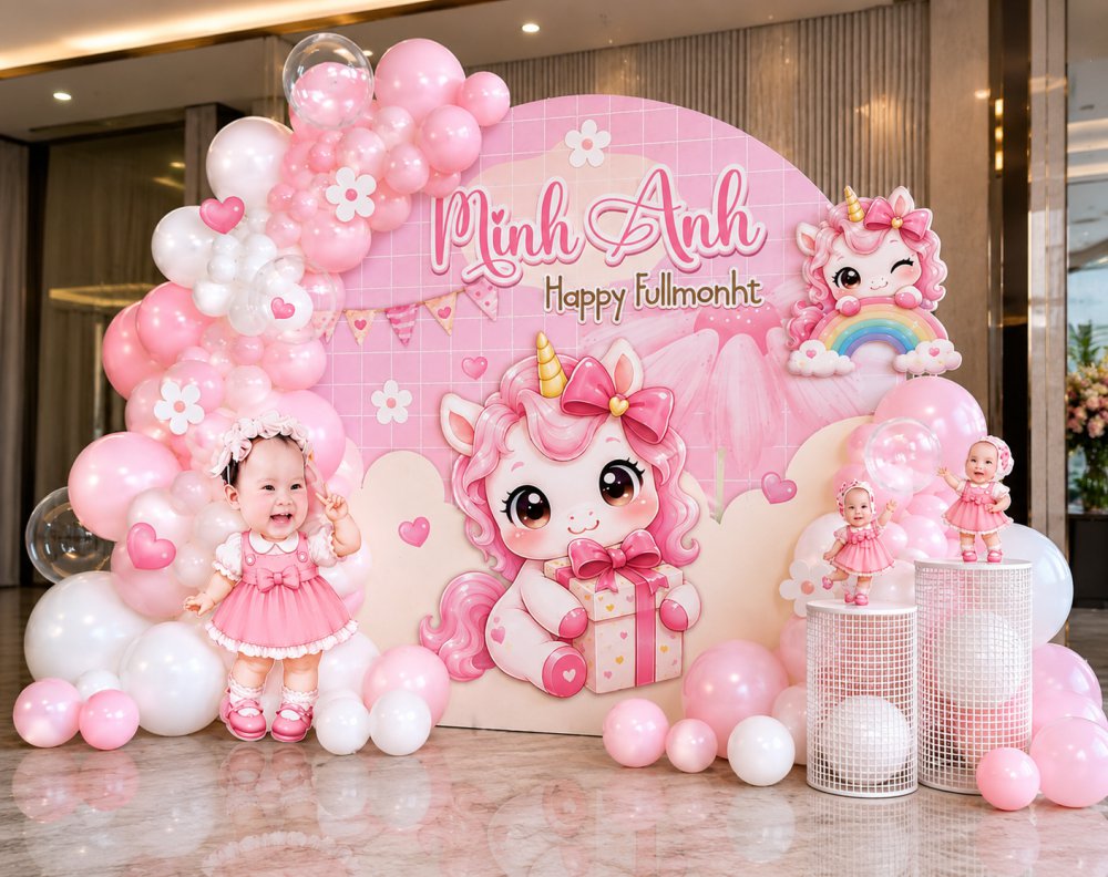 Backdrop thôi nôi bé gái mẫu trang trí chủ đề Unicorn
