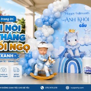 Mẫu trang trí thôi nôi đầy tháng bé tuổi ngọ tone xanh
