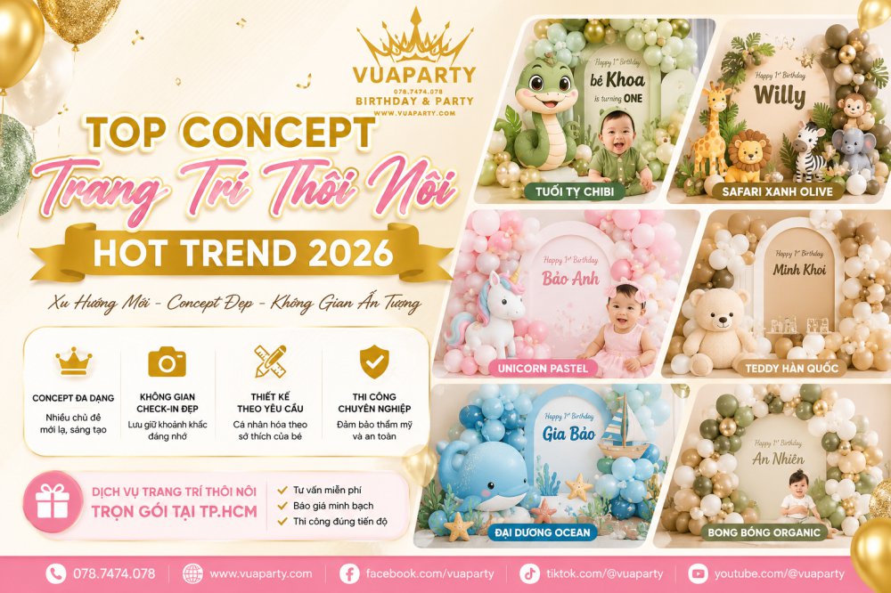 Top concept trang trí thôi nôi hot trend 2026 tại Vua Party