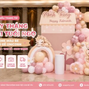 Mẫu trang trí đầy tháng bé gái tuỏi ngọ tone màu be - Chủ đề Unicorn