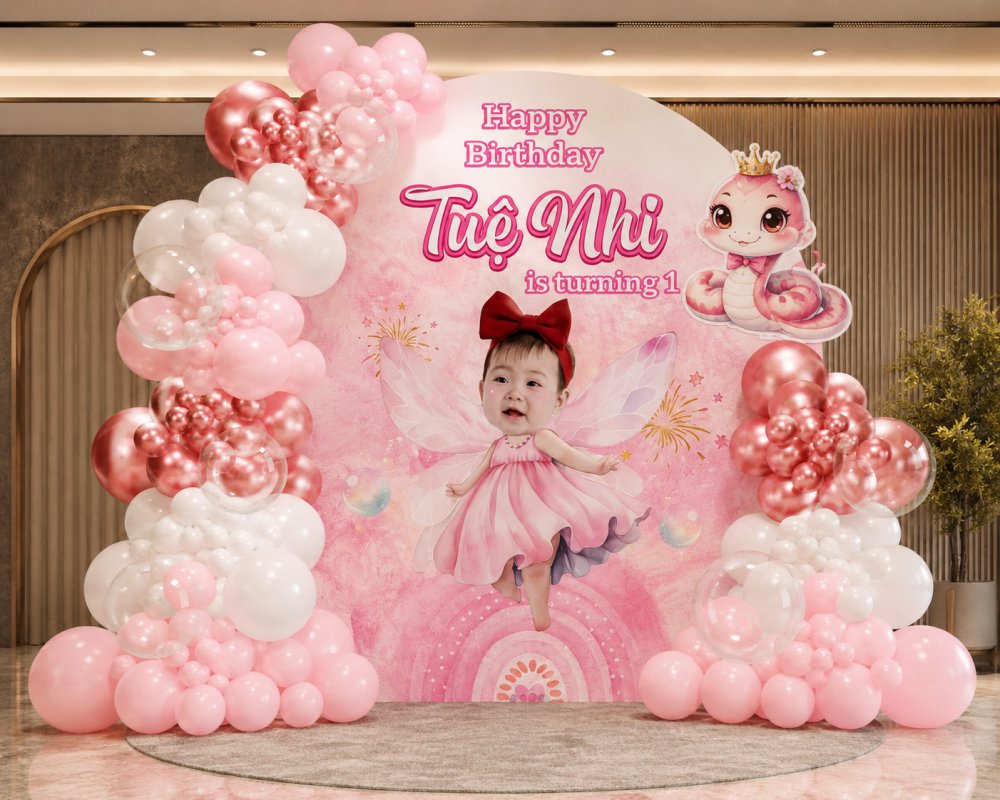 Mẫu backdrop thôi nôi bé gái thiên thần