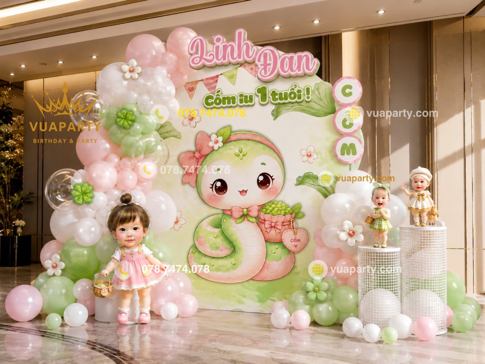 Mẫu backdrop thôi nôi bé gái chủ đề công chúa tone xanh