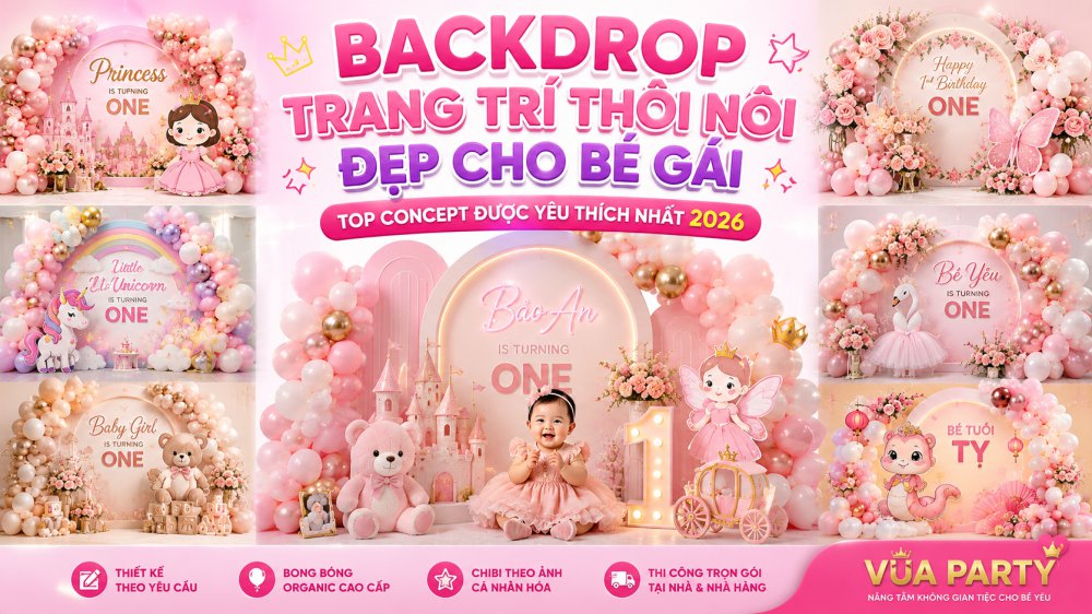Backdrop trang trí thôi nôi đẹp cho bé gái 2026