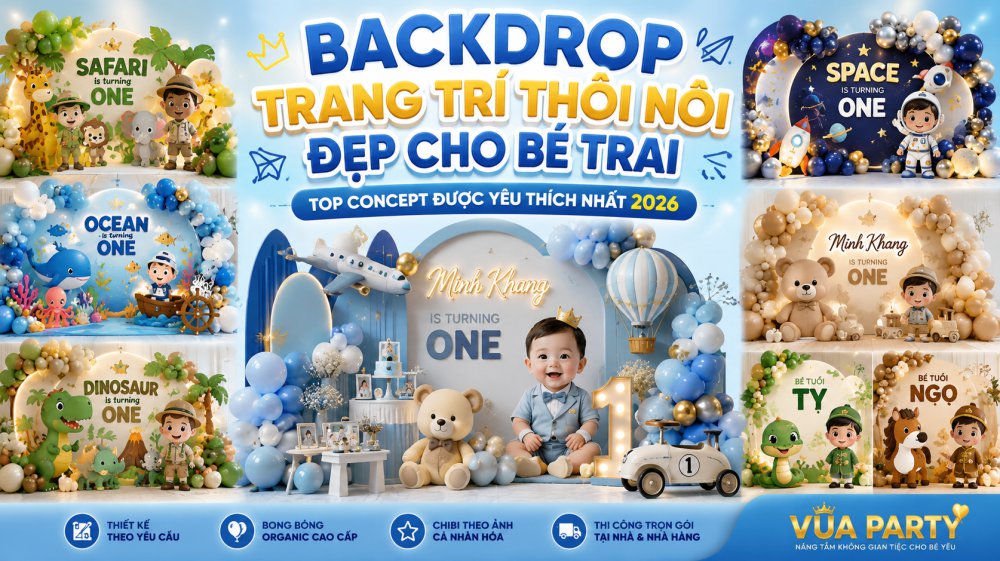 Backdrop trang trí thôi nôi đẹp cho bé trai với các chủ đề Safari, Đại Dương, Khủng Long, Phi Hành Gia và Teddy Hàn Quốc xu hướng 2026